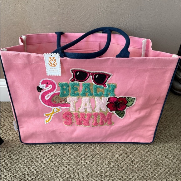 Simply Southern Pink and Navy Beach Tan Swim Tote Beach Bag - Picture 2 of 7